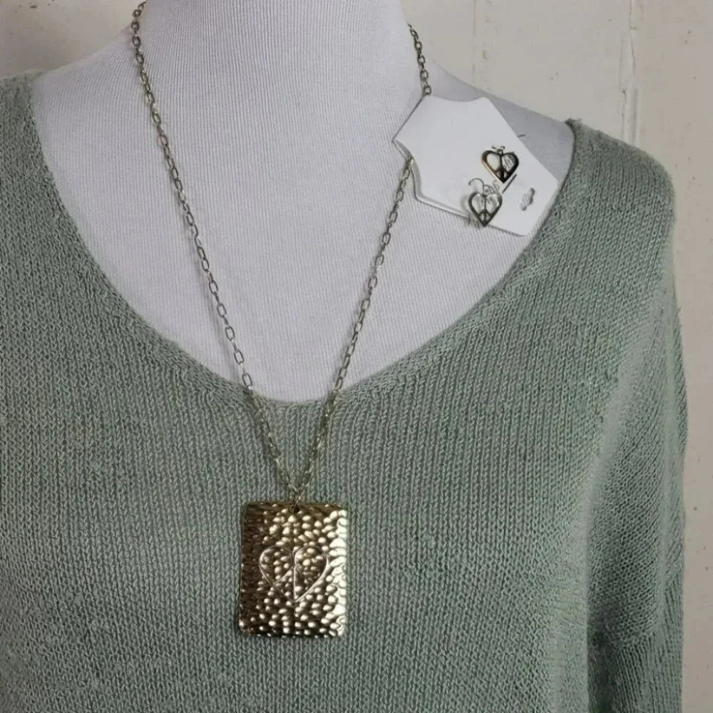Unbranded Necklace & Earring Set OS Gold Hammered Heart Peace Sign Boho‎ Pendant